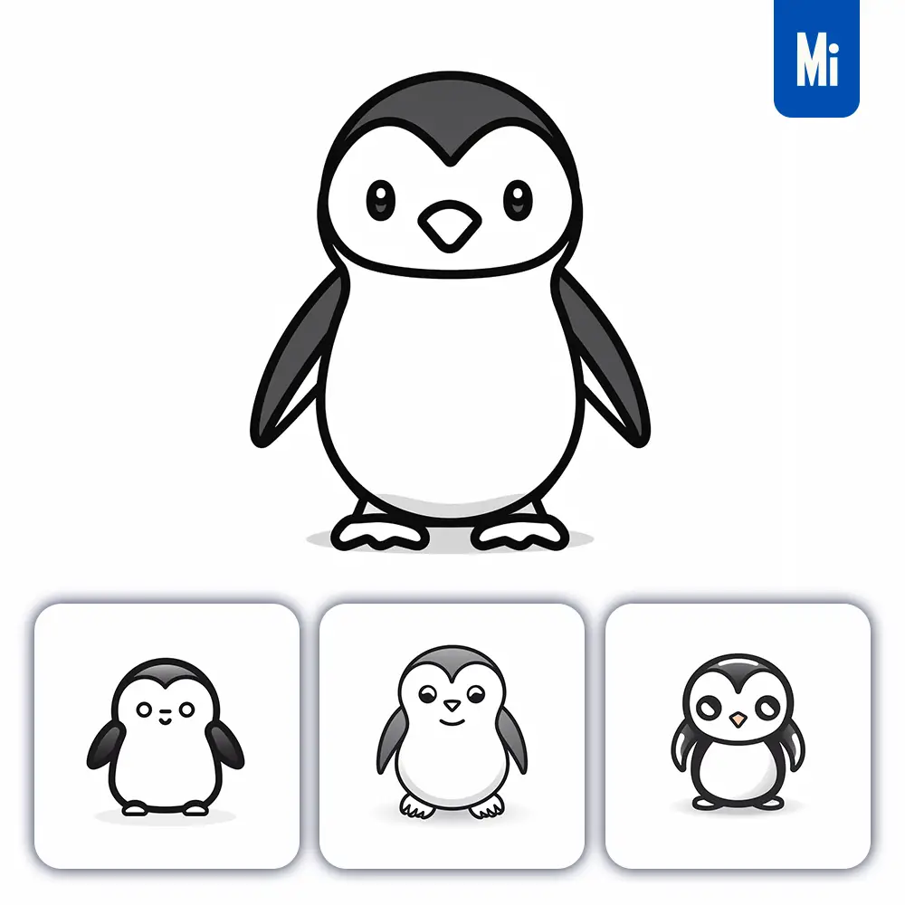 midjourney prompt penguin thick line cartoon vector logo icon