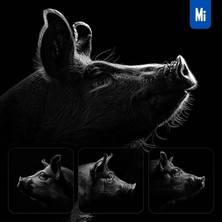 midjourney prompt pig black white light face head mysterious silhouette photography