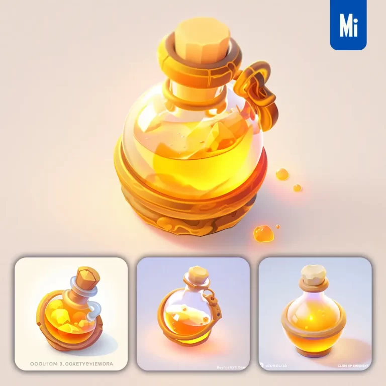midjourney prompt potion medicine bottle icon 3D game golden gold UI