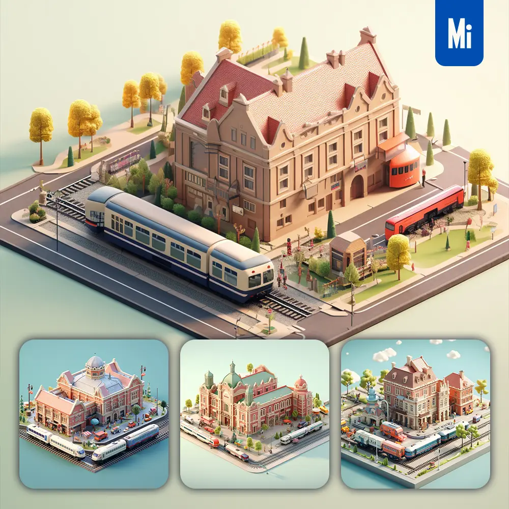 midjourney prompt railway station train 3D C4D model space scene