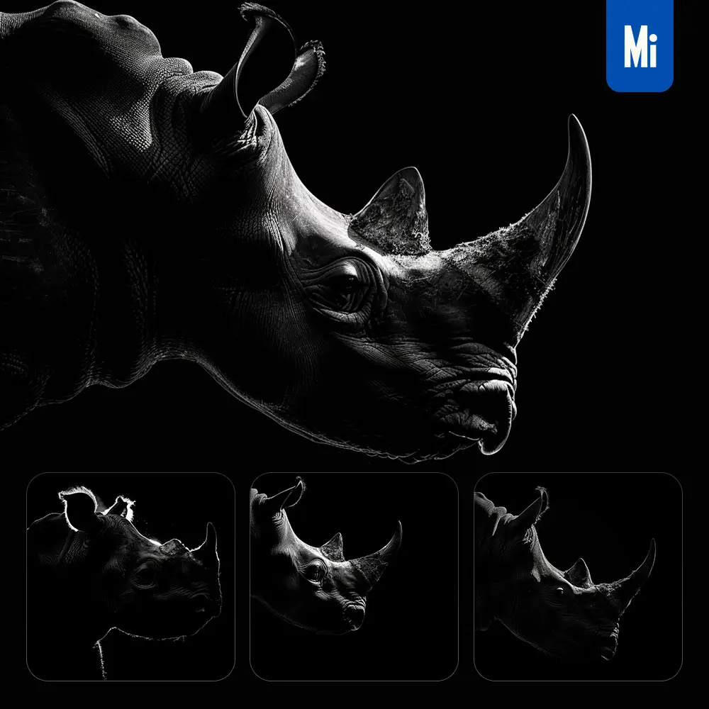 Midjourney Prompt Rhinoceros Black White Light Face Head Mysterious Silhouette Photography