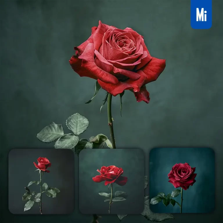 midjourney prompt rose flower bloom single red dark green photography