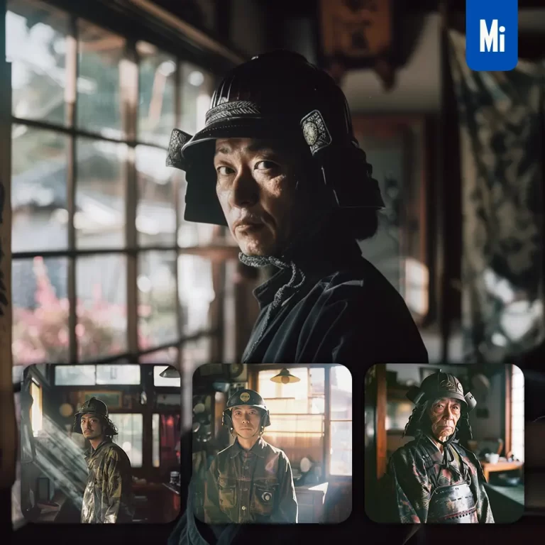 midjourney prompt samurai Japanese warrior man helmet light sunshine room portrait photography