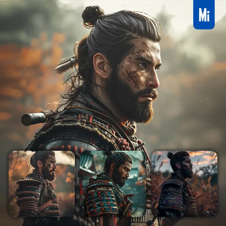 midjourney prompt samurai traditional Japanese handsome beard armor photography