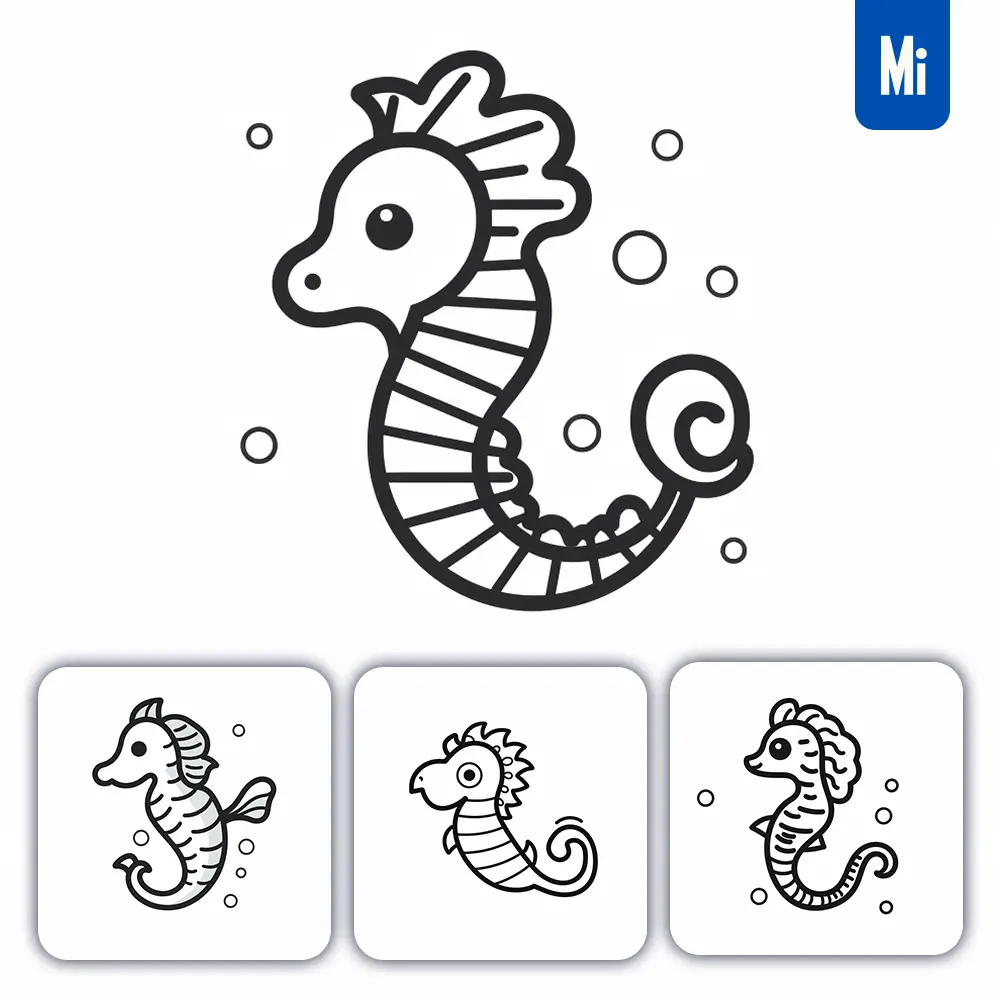 midjourney prompt sea horse thick line cartoon vector logo icon