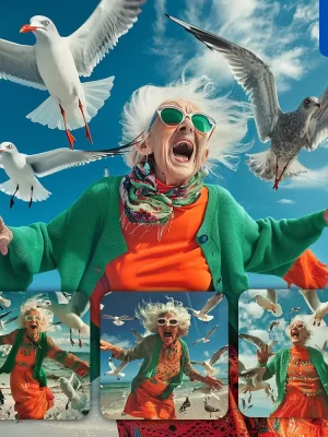 Midjourney Prompt Seagull Old Lady Woman Grandmother Grandma Beach Happy Crazy Sunglasses