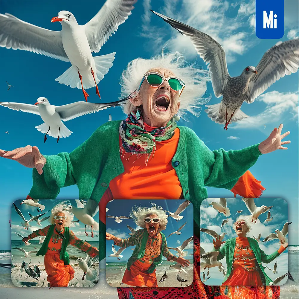 Midjourney Prompt Seagull Old Lady Woman Grandmother Grandma Beach Happy Crazy Sunglasses
