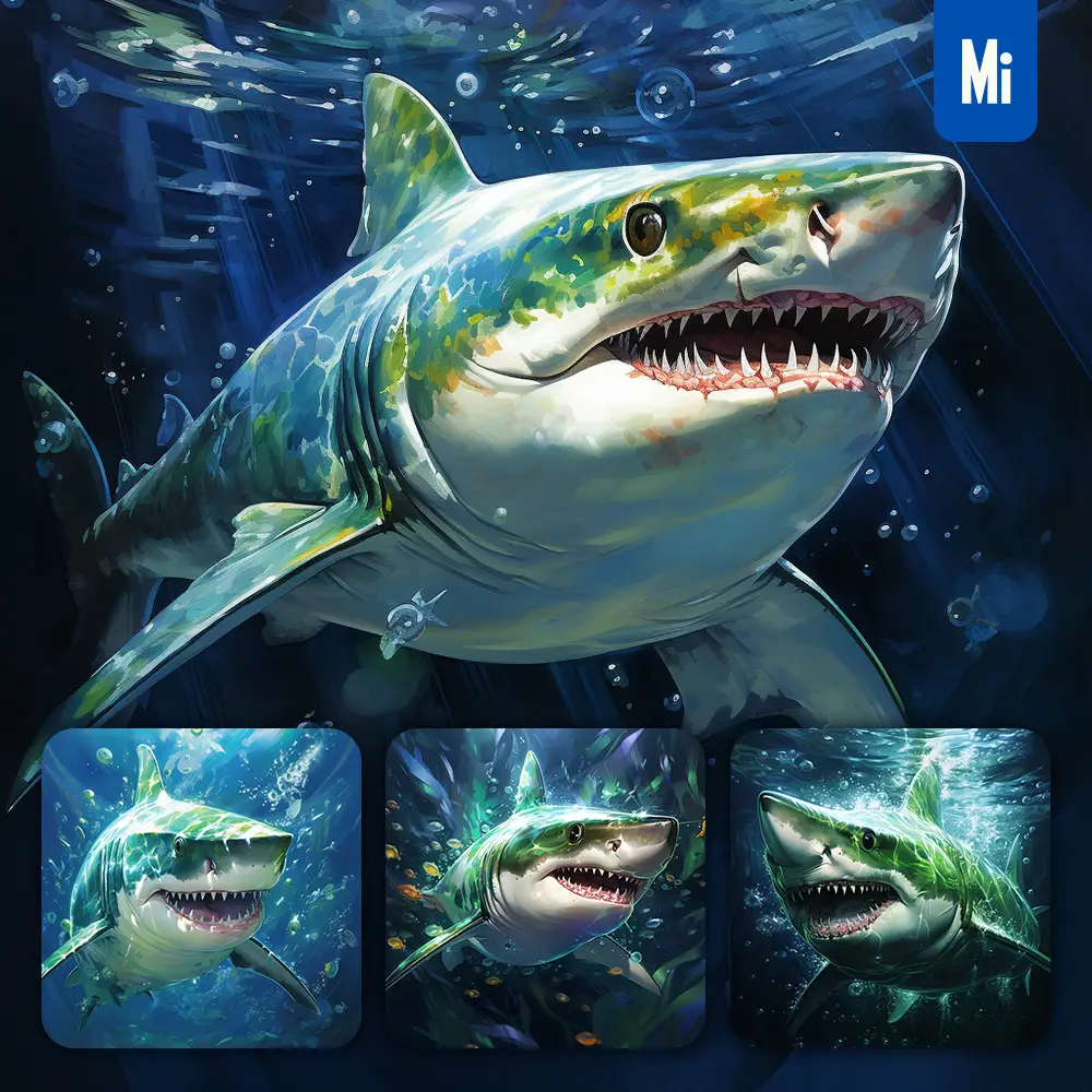 Midjourney Prompt Shark Swim Sea Swimming Water Underwater Oil Painting