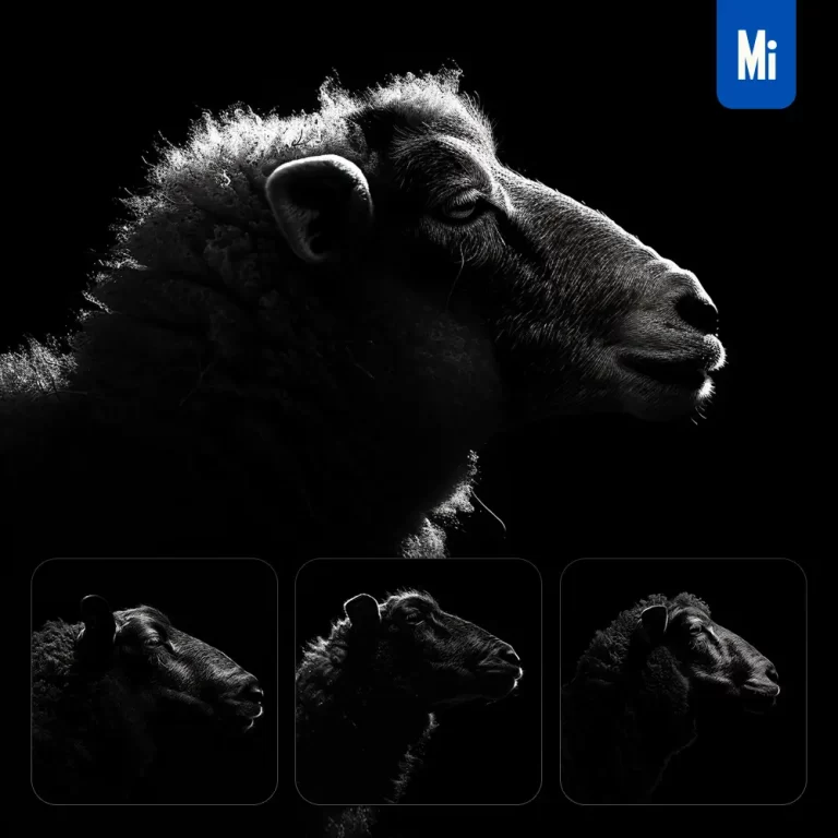 midjourney prompt sheep black white light face head mysterious silhouette photography