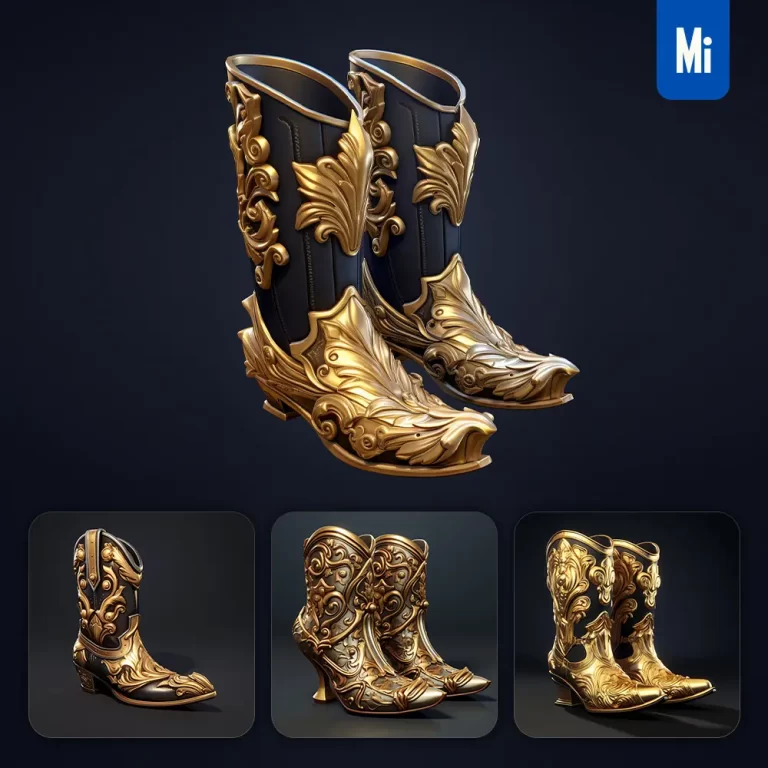 midjourney prompt shoe boots 3D material golden art gold game UI icon