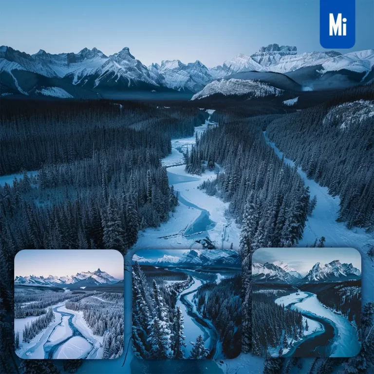 midjourney prompt snow nature winter photography landscape mountain frozen river snowfield forest