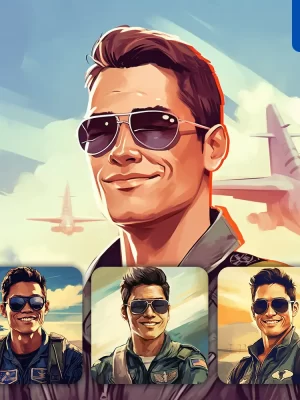 Midjourney Prompt Sunglasses United States Air Force Pilot Airport Cartoon Illustration Painting Portrait Face