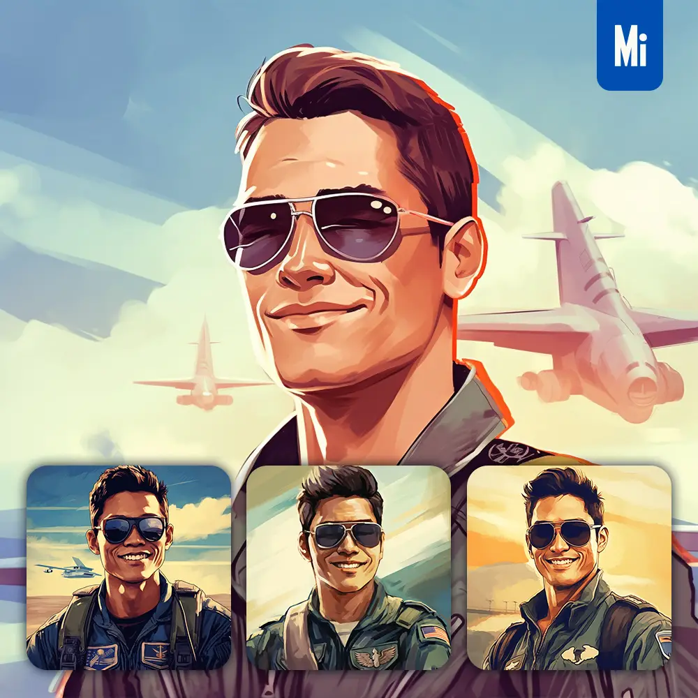 Midjourney Prompt Sunglasses United States Air Force Pilot Airport Cartoon Illustration Painting Portrait Face