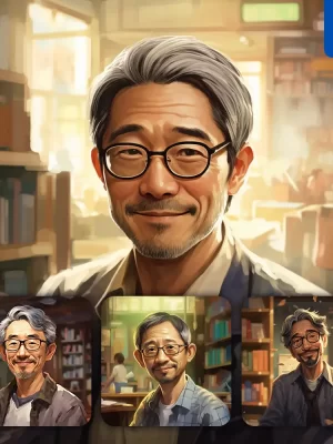 Midjourney Prompt Teacher Wrinkly Man Library Cartoon Illustration Painting Portrait Face