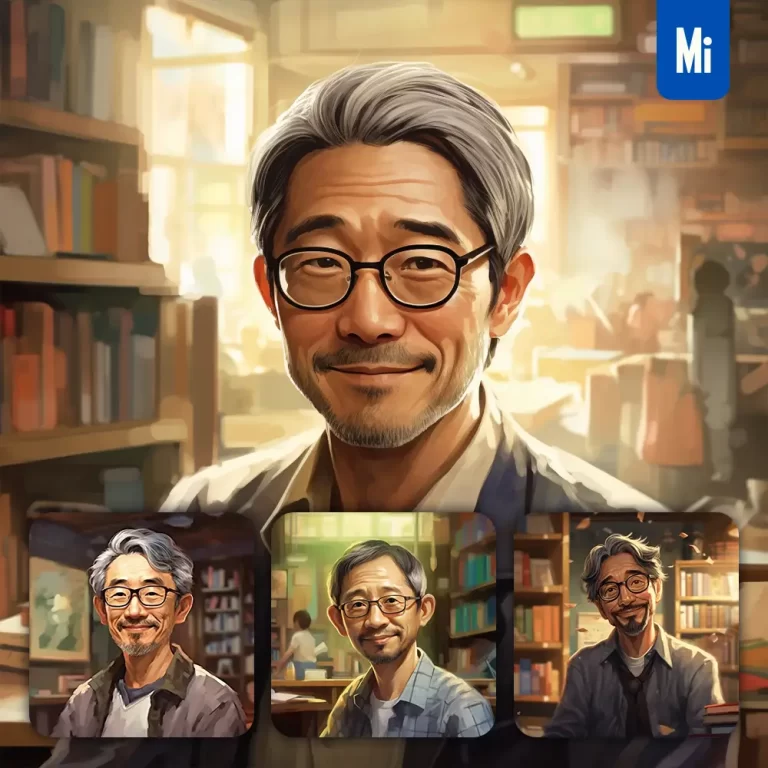 midjourney prompt teacher wrinkly man library cartoon illustration painting portrait face