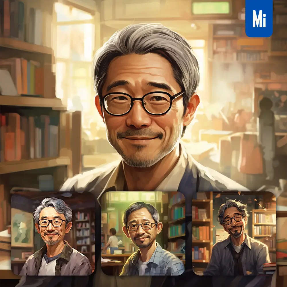midjourney prompt teacher wrinkly man library cartoon illustration painting portrait face