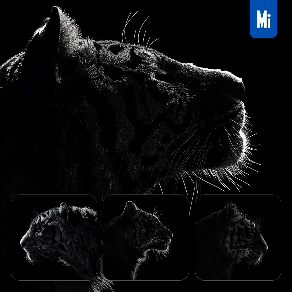 Midjourney Prompt Tiger Black White Light Face Head Mysterious Silhouette Photography