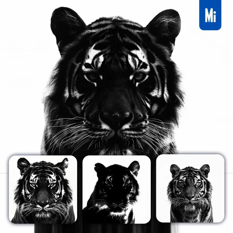midjourney prompt tiger light black white face head silhouette photography