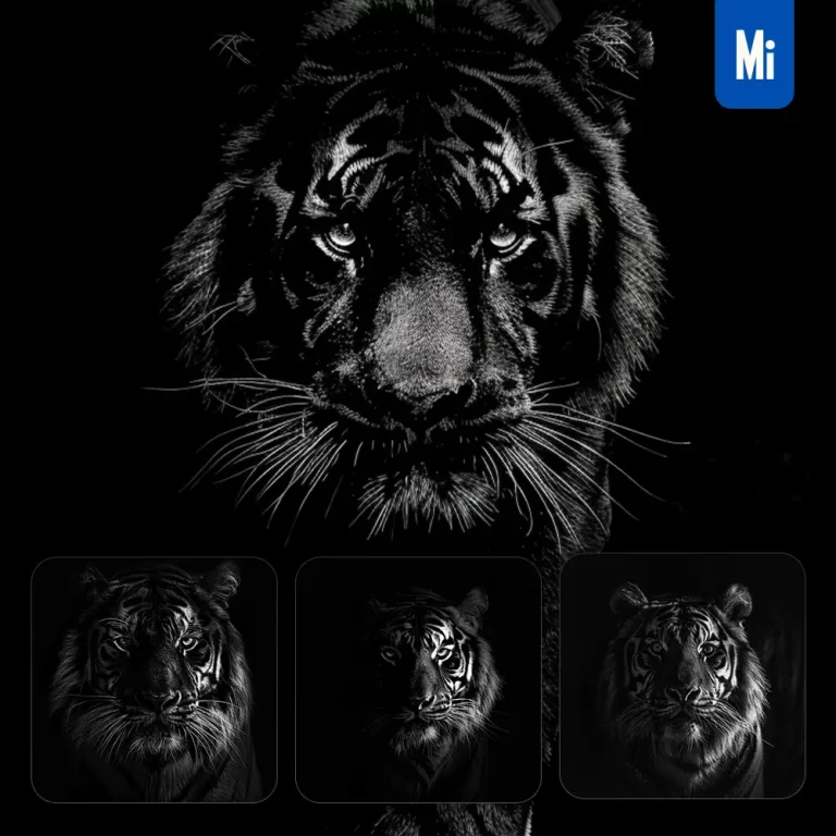 midjourney prompt tiger rimming light black and white face head silhouette photography