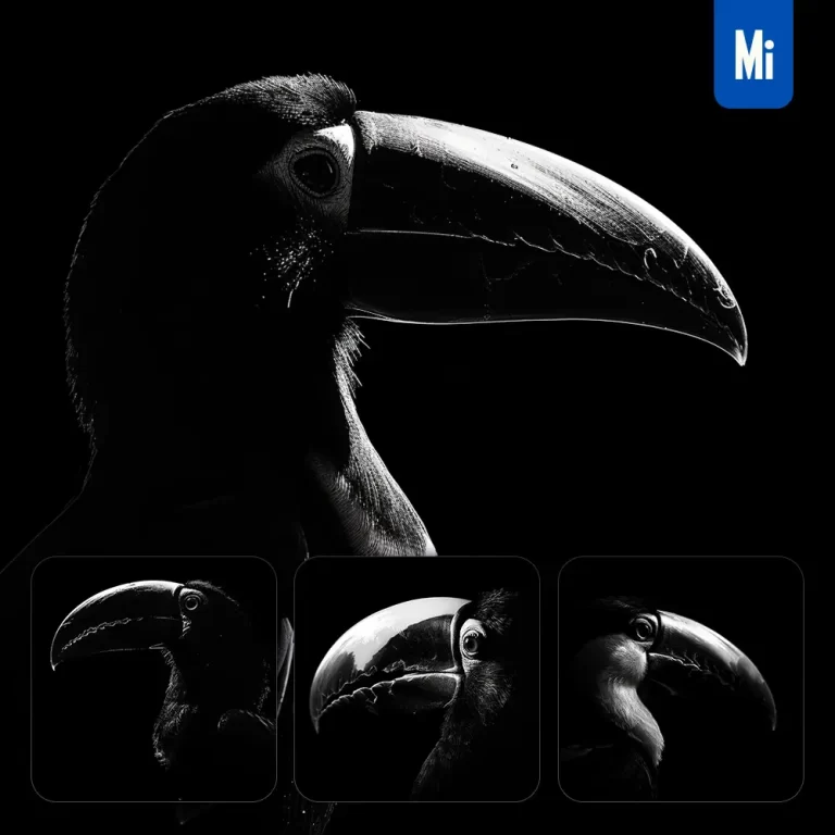 midjourney prompt toucan black white light face head mysterious silhouette photography