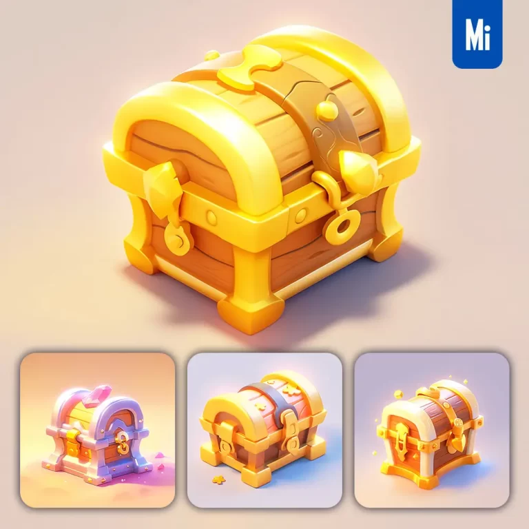 midjourney prompt treasure chest box icon 3D game golden UI