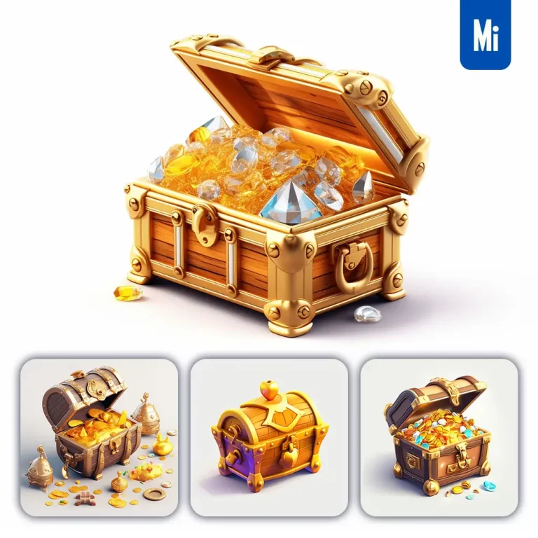midjourney prompt treasure chest box icon 3D material game UI golden art gold