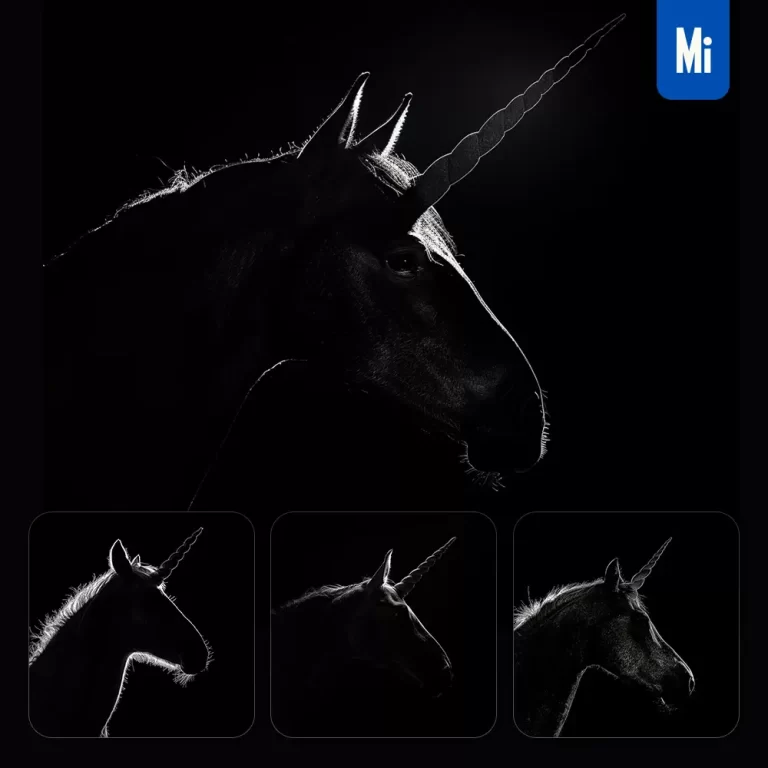 midjourney prompt unicorn black white light face head mysterious silhouette photography
