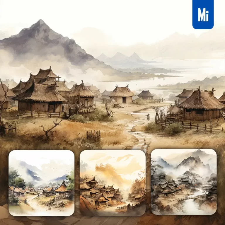 midjourney prompt village mountain ancient Chinese ink wash painting