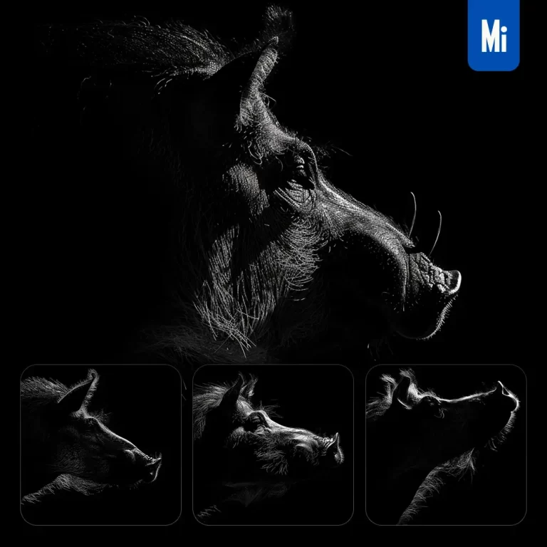 midjourney prompt warthog black white light face head mysterious silhouette photography