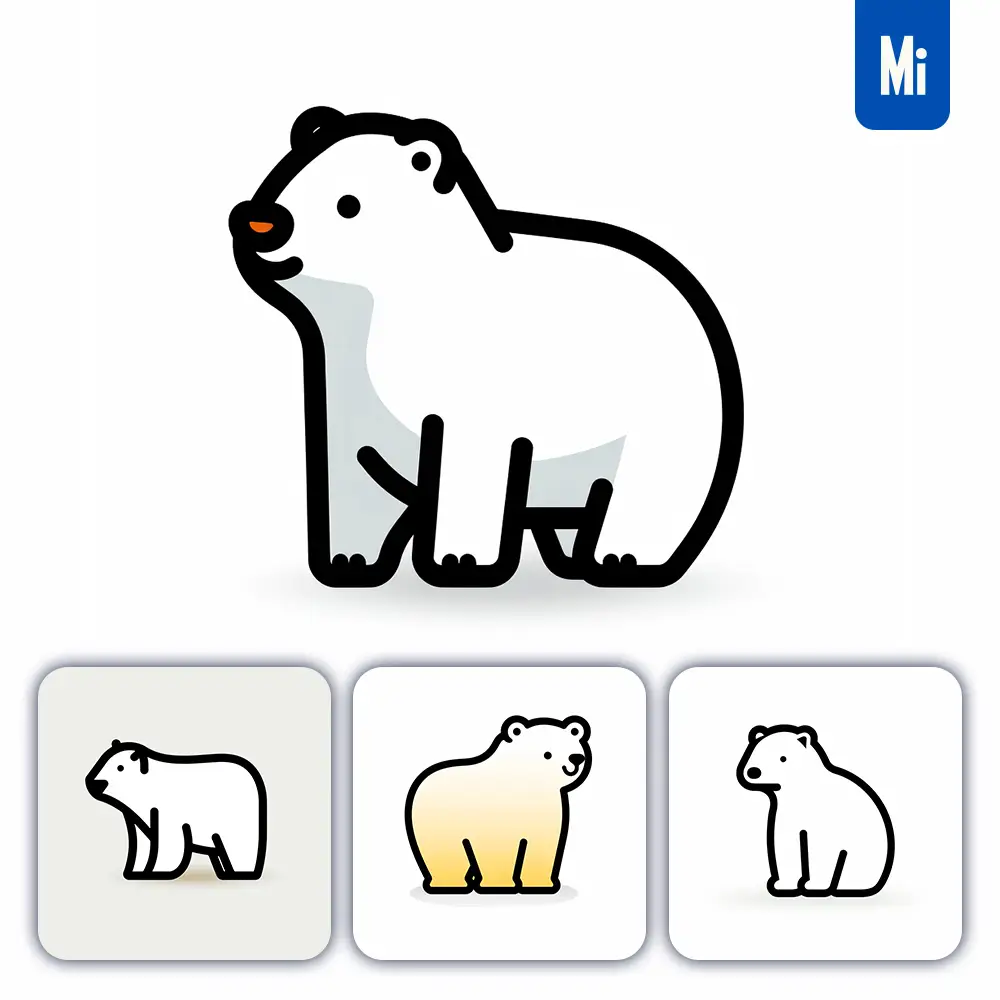 midjourney prompt white polar bear side lateral icon thick line cartoon vector logo