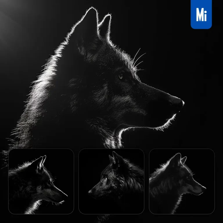 midjourney prompt wolf black white light face head mysterious silhouette photography