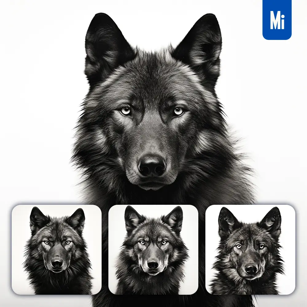 Midjourney Prompt Wolf Black White Photography Face Head Silhouette Front
