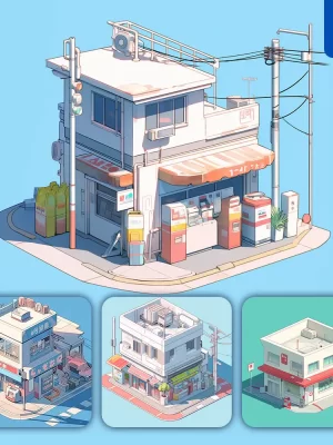 Midjourney Prompt 7 11 Convenience Store Supermarket Facade Isometric Cartoon Illustration