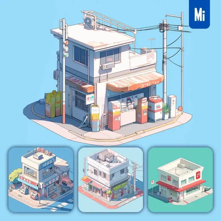 midjourney prompt 7-11 convenience store supermarket facade isometric cartoon illustration