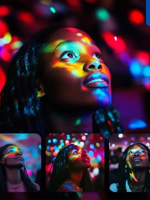 Midjourney Prompt African Woman Colorful Look Up Light Face Head Photography