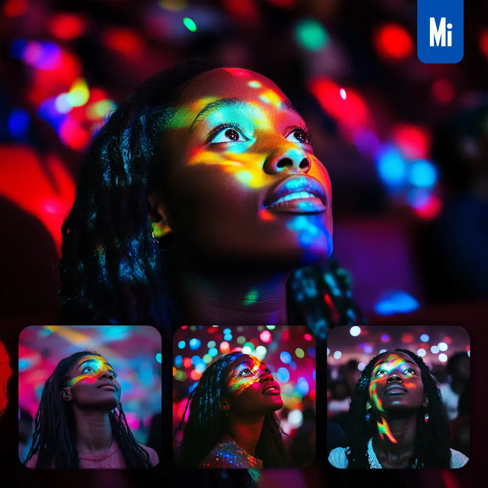 Midjourney Prompt African Woman Colorful Look Up Light Face Head Photography