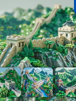 Midjourney Prompt China Great Wall Mountain Assembled 3d Lego Model Scene