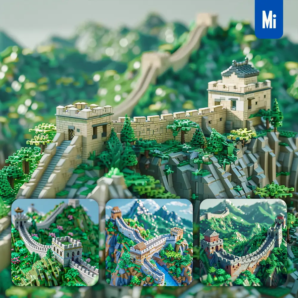 midjourney prompt China Great Wall mountain assembled 3D lego model scene