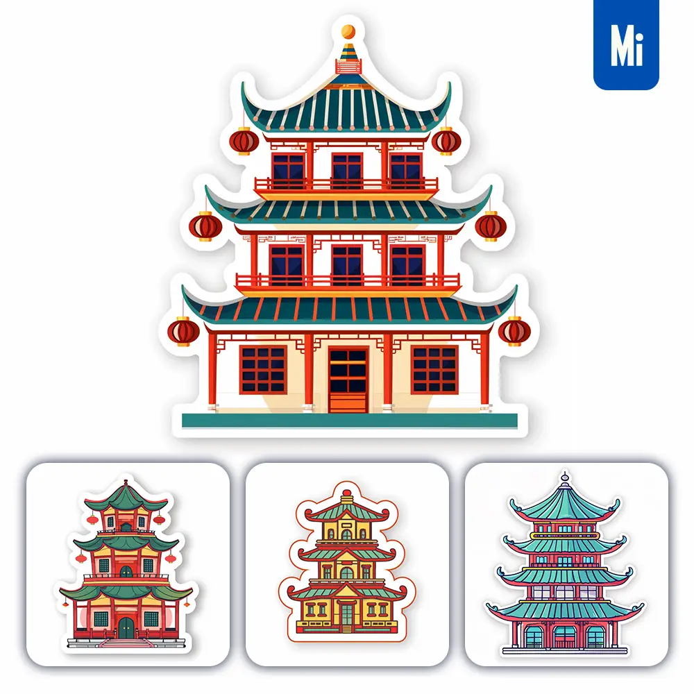 midjourney prompt Chinese building temple logo vector sticker line cartoon