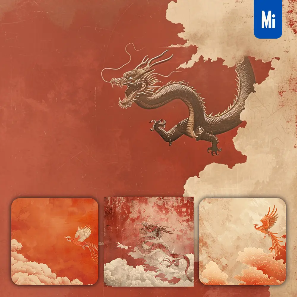 Midjourney Prompt Chinese Dragon Loong Fly Run Sky Cloud Mural Chinese Painting Art Illustration