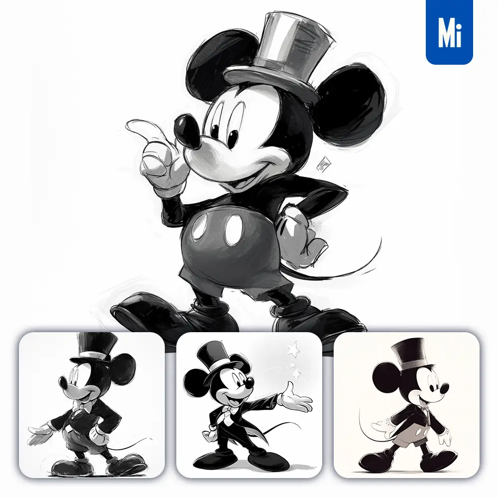 Midjourney Prompt Disney Mickey Mouse Animation Cartoon Painting Black And White Drawing
