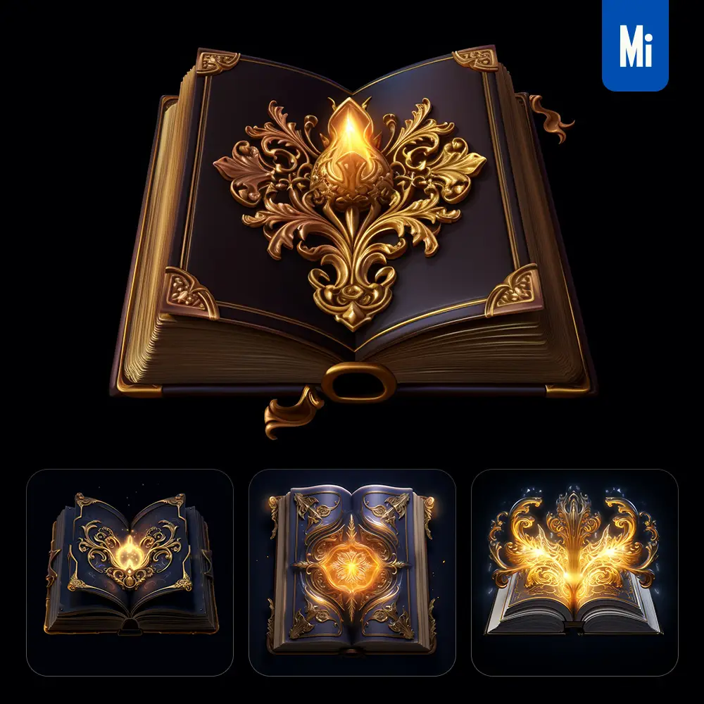 Midjourney Prompt Grimoire Magic Book 3d Material Golden Art Gold Game Ui Icon