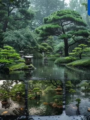 Midjourney Prompt Japanese Garden Rain Koi Fish Pond Raindrop Landscape Photography