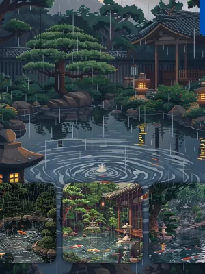 Midjourney Prompt Japanese Garden Rain Koi Fish Pond Raindrop Pixel Art Illustration