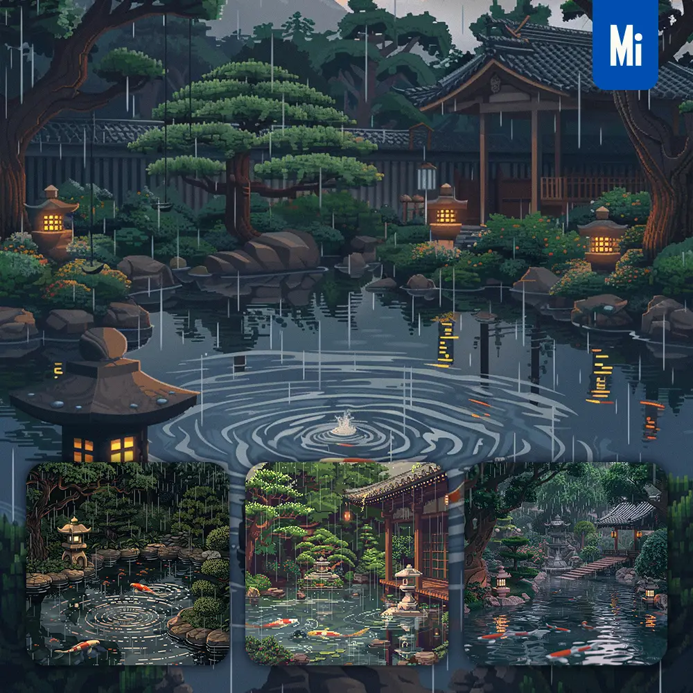 midjourney prompt Japanese garden rain koi fish pond raindrop pixel art illustration