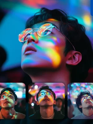 Midjourney Prompt Korean Asian Man Colorful Look Up Light Face Head Photography