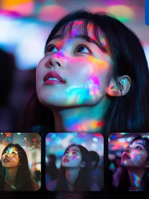 Midjourney Prompt Korean Woman Colorful Look Up Light Face Head Photography