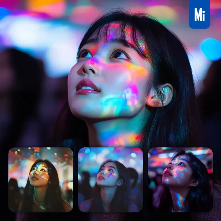 midjourney prompt Korean woman colorful look up light face head photography