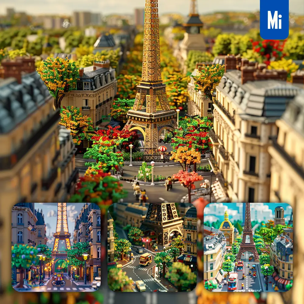 midjourney prompt Paris street Eiffel Tower assembled 3D lego model scene