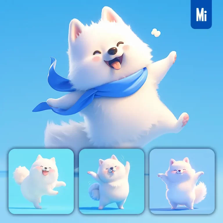 midjourney prompt Samoyed dog cute happy 3D character design cartoon